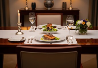 Fototapeta premium Served dinner table with salmon and salad for two. Elegant dining setup with candlelight, wine glass and flower bouquet. Romantic meal celebration in fine restaurant interior atmosphere.