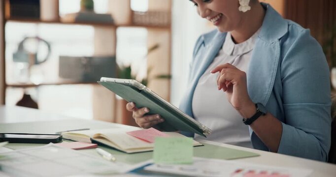 Office, paperwork and businesswoman with tablet, happy and financial forecasting on web or browsing. Business analyst, laughing and person with tech for investment proposal, reading and documents