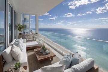 Fototapeta premium High rise beachfront property with infinity horizon ocean view, modern outdoor furniture, glass railing, and bright sunny sky creating peaceful and relaxing atmosphere on balcony