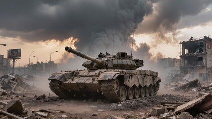 Naklejka premium Heavy military tanks advancing through a battlefield with explosions and thick smoke in the background. Dramatic scene of modern warfare, destruction and armed conflict in a crisis zone.