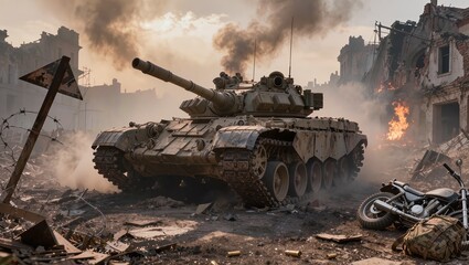 Naklejka premium Heavy military tanks advancing through a battlefield with explosions and thick smoke in the background. Dramatic scene of modern warfare, destruction and armed conflict in a crisis zone.