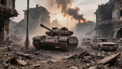 Naklejka premium Heavy military tanks advancing through a battlefield with explosions and thick smoke in the background. Dramatic scene of modern warfare, destruction and armed conflict in a crisis zone.