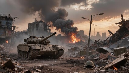 Naklejka premium Heavy military tanks advancing through a battlefield with explosions and thick smoke in the background. Dramatic scene of modern warfare, destruction and armed conflict in a crisis zone.