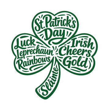 St. Patrick's Day Shamrock Word Art Typography Clover Shape with Irish Words Luck Leprechaun Slainte Gold Rainbow Vector Illustration