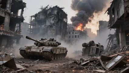 Naklejka premium Heavy military tanks advancing through a battlefield with explosions and thick smoke in the background. Dramatic scene of modern warfare, destruction and armed conflict in a crisis zone.