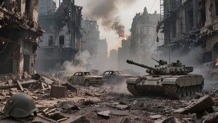 Naklejka premium Heavy military tanks advancing through a battlefield with explosions and thick smoke in the background. Dramatic scene of modern warfare, destruction and armed conflict in a crisis zone.