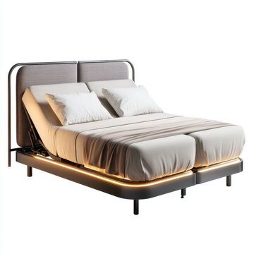 Contemporary metal frame smart adjustable bed with LED isolated on a white background