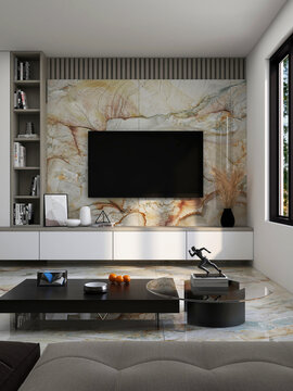 A modern living room featuring a large television and a stylish marble wall as the focal point.