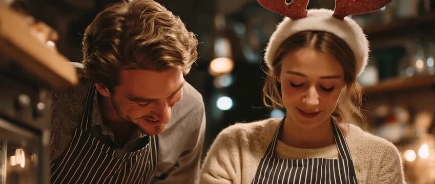 A couple with a Santa cap, striped aprons, and reindeer antlers are opening a stainless oven at home.