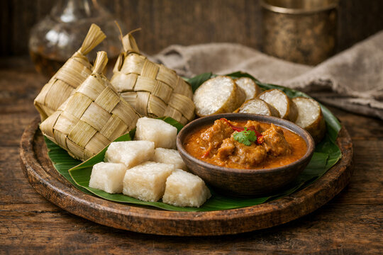 traditional indonesian dish ketupat, lemang and spicy curry served on wooden plate with banana leaf, rich cultural food presentation