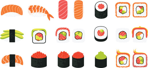 Japanese Sushi Collection Featuring Salmon Nigiri Shrimp Sushi Rolls Maki and Gunkan Pieces for Asian Cuisine Restaurant Menu Food Illustration Design. © Sanjida