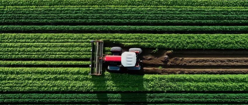 Beet harvester from above on a verdant farming field