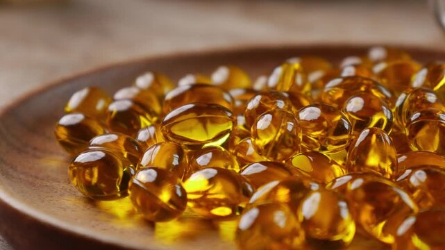 softgel capsules pouring out of opened glass bottle onto wooden plate, supplement herbal extract health concept
