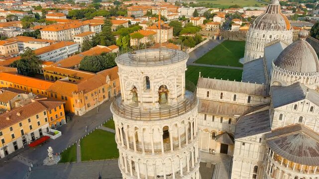 Pisa, Italy. Famous Leaning Tower and Pisa Cathedral in Piazza dei Miracoli. Summer. Morning hours. Drone footage