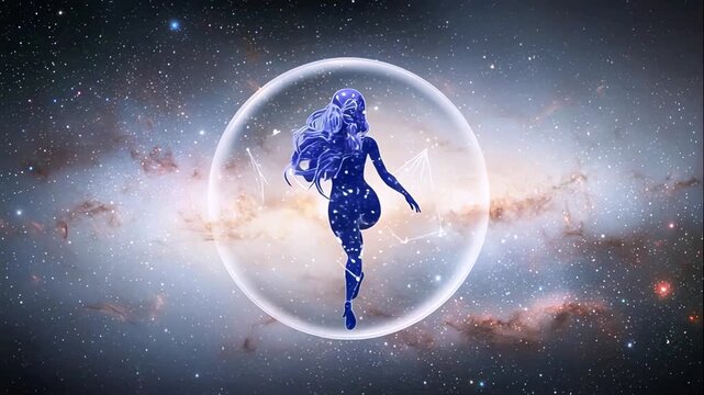 Shining female figure as Virgo constellation inside glowing sphere, beautiful violet galaxy stars illuminate astrological sign in space. Magical atmosphere of cosmic horoscope and zodiac energy