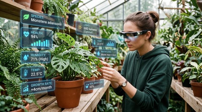 A person wearing AR glasses looking at a plant, with digital stats floating in the air..