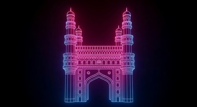 Futuristic Neon Wireframe Illustration of Charminar Landmark in Hyderabad India on Black Background