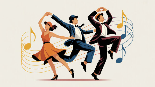 Retro dancers in vintage clothing performing a lively swing dance surrounded by musical notes perfect for event promotion or historical concept