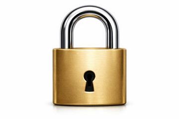 Fototapeta premium Shiny golden padlock with a silver shackle and black keyhole, symbolizing security, protection, and privacy on a clean white background
