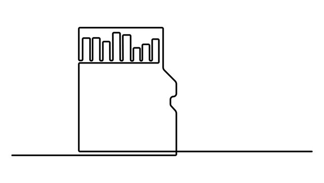 Micro sd card with gold contacts isolated on transparent background continuous one line drawing. SD card for digital cameras. Memory sd card icon. Media, photos, gigabytes, megabytes