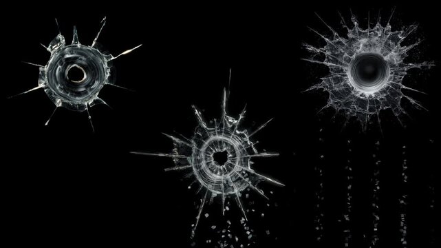 Broken cracks glass hitting by bullets three times in a row with alpha transparent background