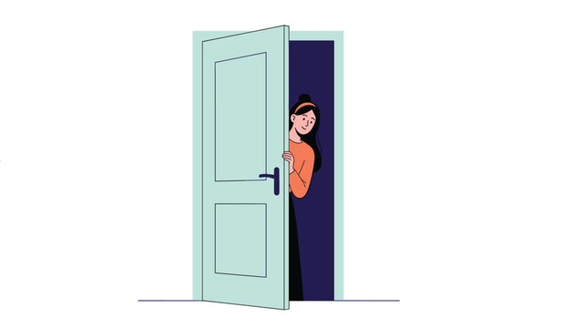 Curious young woman peeking through a partially opened door from a dark room into a bright hallway for a surprise.
