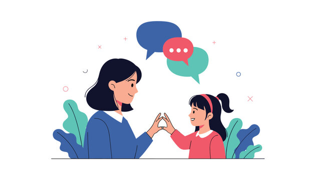 Woman and little girl communicating using sign language with speech bubbles above them representing their conversation.