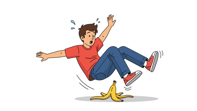 Clumsy man slipping on a yellow banana peel on the floor and falling backwards in a comical accident illustration.