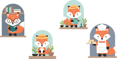 Naklejka premium Cute Cartoon Fox Profession Characters Set Featuring Scientist Gardener Farmer and Chef Animal Illustrations for Kids Storybooks Educational Graphics and Creative Design.