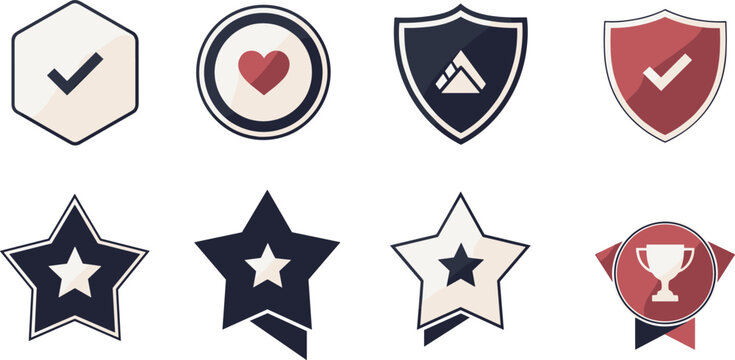 Achievement Badge and Award Icon Set with Shield Star Trophy Checkmark and Heart Symbols for Gamification Reward Systems Apps and Digital Interface Design.