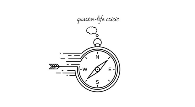 Quarter-life crisis compass pointing nowhere, lost direction, confusion, searching for purpose