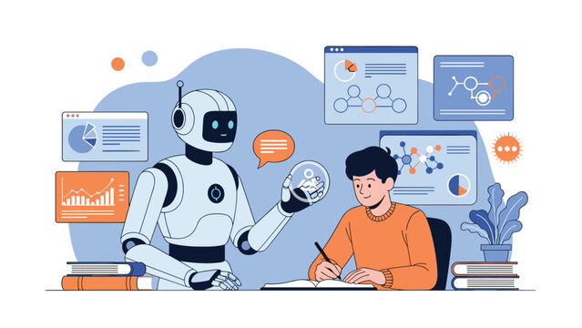 Futuristic robot assistant helping a young student with his homework and research using advanced digital data screens.