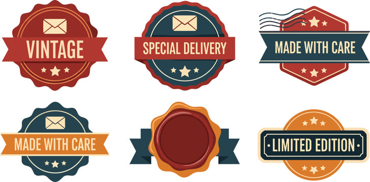 Vintage Badge and Label Collection with Retro Delivery Stamps Featuring Special Delivery, Made With Care, and Limited Edition Seals for Packaging Design.