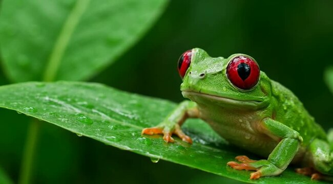 Closeup of red- eyed tree frog on green leaf in tropical rainforest habitat close up of amphibian wildlife