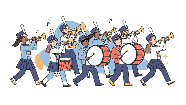 Diverse group of school children in a marching band playing trumpets and drums while walking together in a parade.