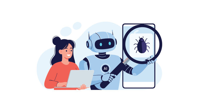 Woman using a laptop next to a robot with a magnifying glass inspecting a bug on a smartphone screen for tech support.