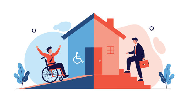Illustration contrasting accessibility options, showing a wheelchair ramp and a staircase leading to a building.