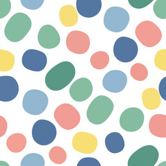 A seamless pattern of soft, rounded shapes in pastel blue, green, yellow, and coral on white