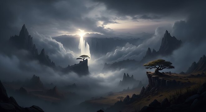 Dramatic sunbeam pierces through heavy storm clouds above a misty, rugged mountain landscape featuring isolated trees on cliff edges