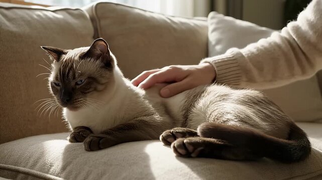 A person's hand gently strokes a Siamese cat relaxing on a sunlit couch, showcasing a moment of comfort and companionship