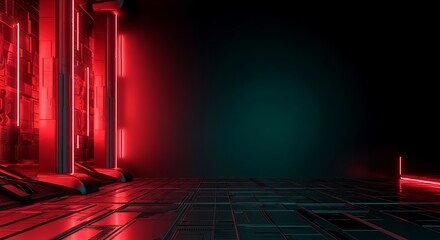 Naklejka premium Futuristic neon lighted corridor with red and teal hues reflecting on a dark textured floor