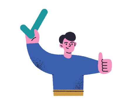 Flat cartoon character holding large green checkmark and showing thumbs up. Task complete and work done abstract empty state scene, success and approval textured vector illustration