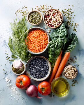 Blue zone diet foods with beans lentils chickpeas vegetables greens tomatoes carrots and olive oil on minimal background showcasing plant based longevity nutrition