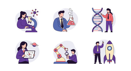 Six illustrations depicting scientists and engineers engaged in various technical and scientific tasks © Faisal
