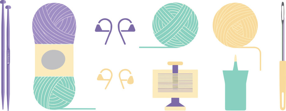 Knitting and Crochet Tools Collection Featuring Yarn Balls, Knitting Needles, Crochet Hook, Stitch Markers, and Accessories for Craft, DIY, and Handmade Design Projects.