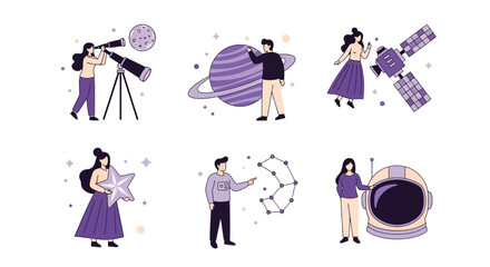 Six vignettes featuring people interacting with astronomy and space elements © Faisal