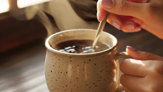 Hands stirring coffee in ceramic mug with spoon, gentle circular movement creating ripples, steam glowing in soft morning window light