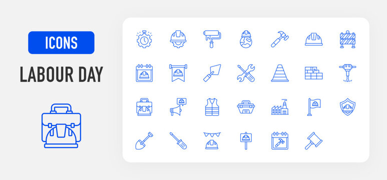 Labour Day icon. Time Mangement, Engineer, Paint Ruller, Work, Hammer, Helmet, Barrier, Trowel, Wrench, Cone, Brick Wall, Jackhammer, Briefcase, Magaphone, Vest, Tool Box, Factory, Flag vector. 