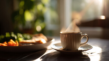 Fototapeta premium Warm Steaming Beverage in a Ceramic Cup on a Table beside a Plate of Food in Soft Morning Light with a Blurred Green Background