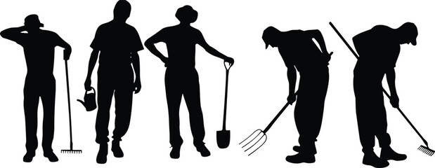 Gardener silhouettes set with rake shovel watering can and pitchfork, people working in garden farming agriculture vector illustration collection © astroDev